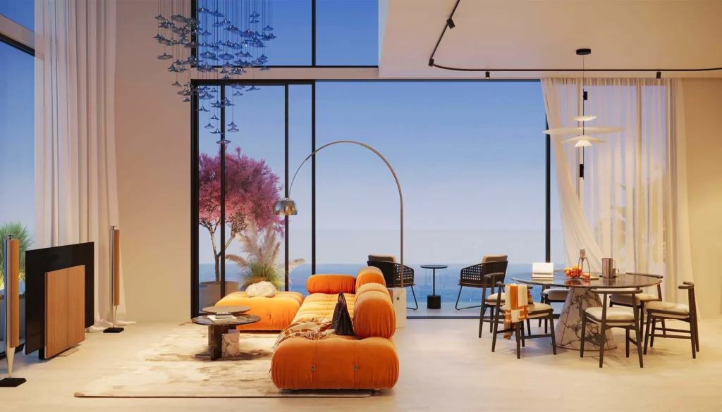 Modern living room with ocean views and designer furniture at Villa del Gavi Dubai Islands