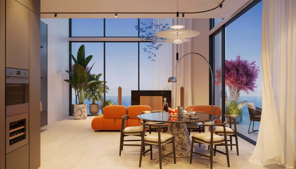 Elegant dining and lounge area in beachfront residence at Villa del Gavi Dubai Islands