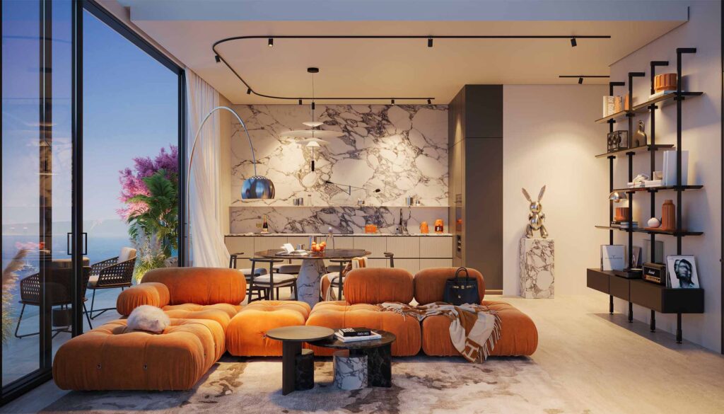 Open-plan luxury apartment interior with marble kitchen and sea views at Villa del Gavi Dubai Islands