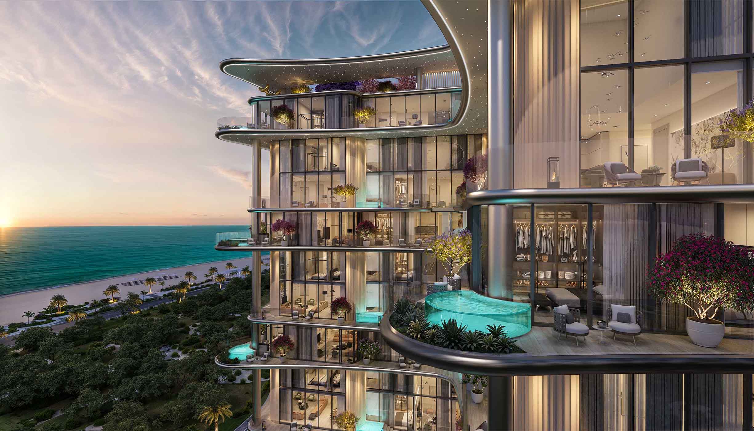 Curved architectural design and private balconies at Villa del Gavi Dubai Islands