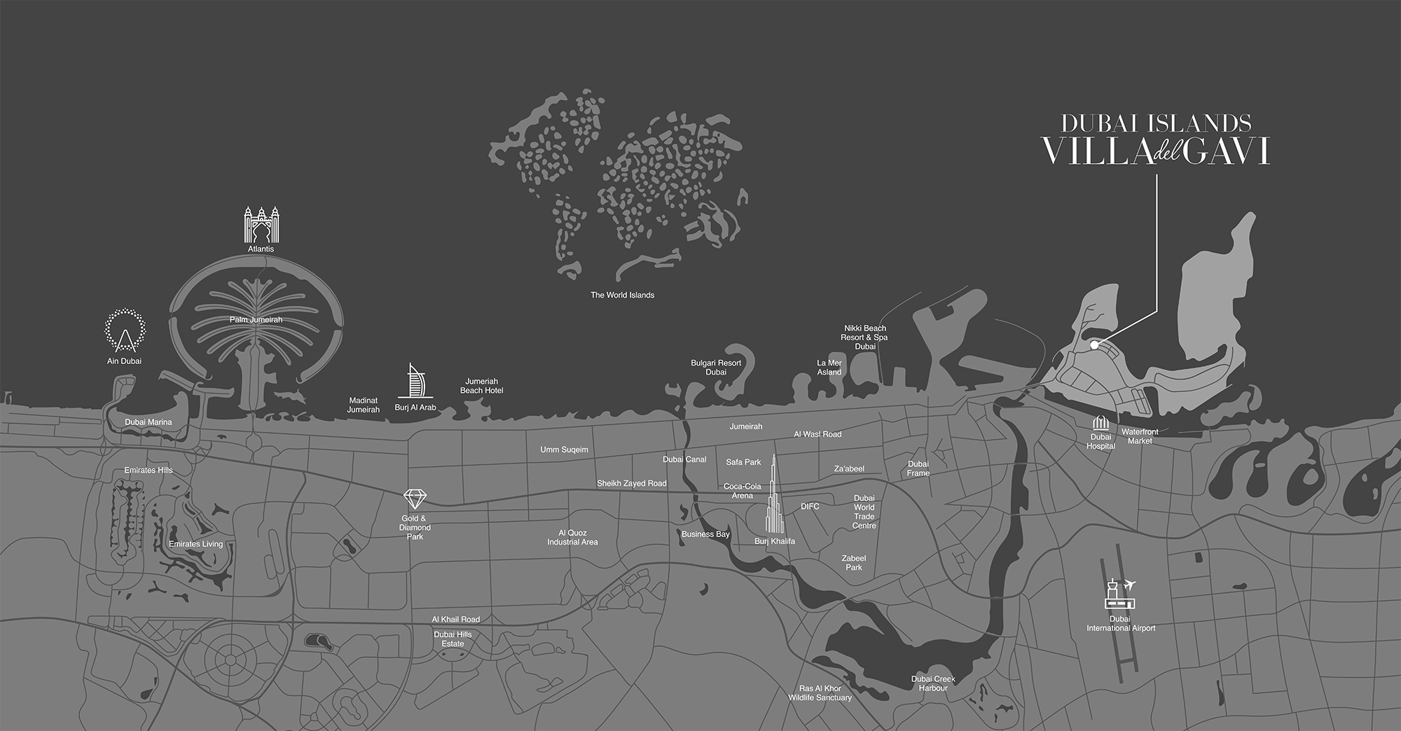 Dubai Islands masterplan location map showing Villa del Gavi beachfront position